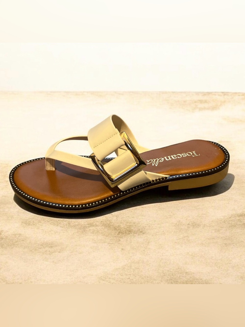 Toscanella Handmade Beige Leather Buckle Thong Sandal for Women 7.5